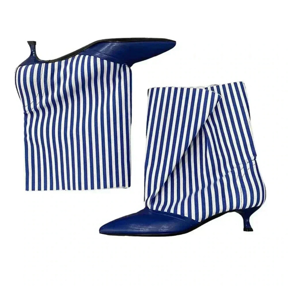 NWT MSGM Pumps Heels Pointed Toe Leather Striped Denim Blue White $770 Size 37 - Picture 1 of 16